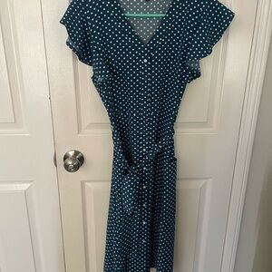 Teal Polka Dot Midi Wrap Dress with Tie Waist